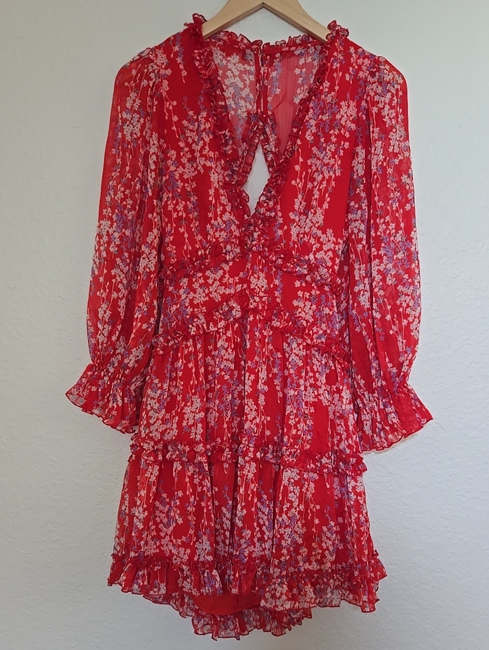 SAINTS + SECRETS Red Floral Long-Sleeve V-Neck Tiered Mini Bohemian  Dress